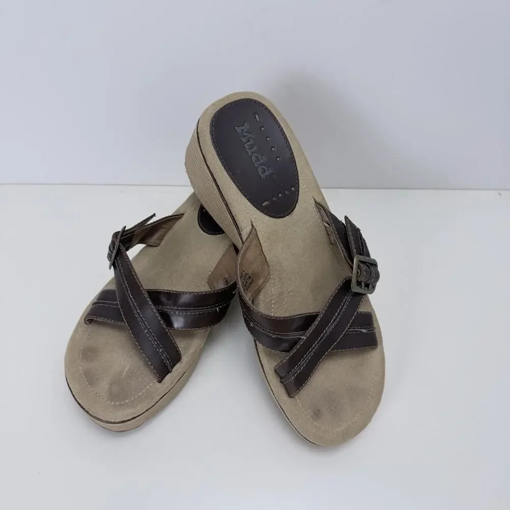 Vintage 00s Y2K Mudd Brown Faux Leather Wedge Strappy Sandals 10M